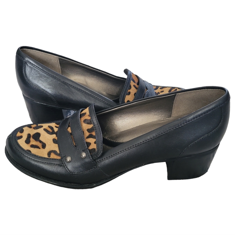 Naturalizer Calf Hair Leather Black Loafer Size 8.5 Block Heel Leopard New